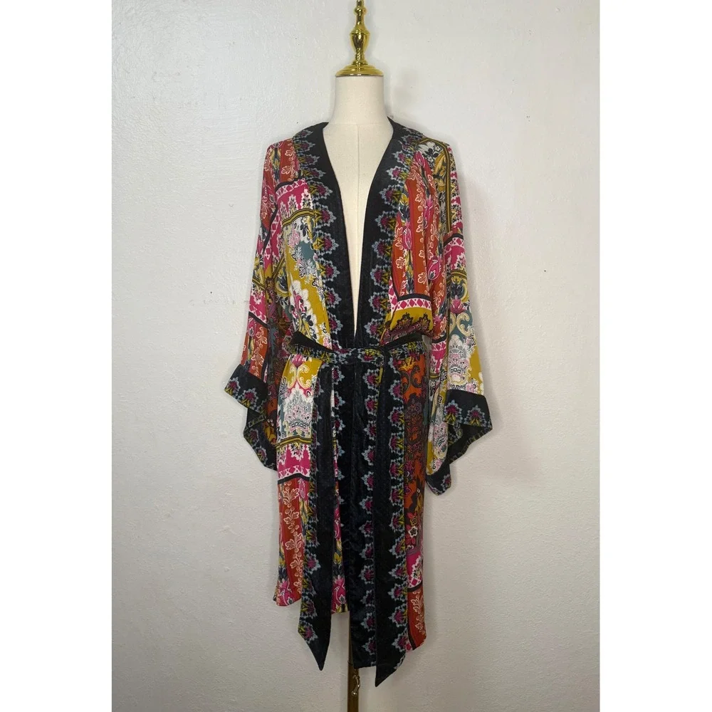 Anthropologie Zadie Velvet Robe Women's XS/S Lounge Kimono Patchwork Boho - Picture 4 of 10